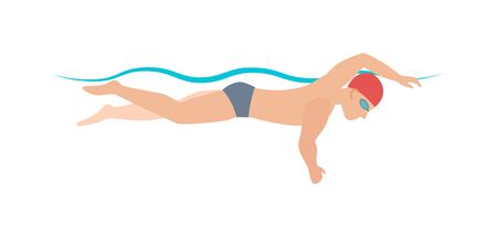 Sport pool swimmer and young swimmer athlete. Swimmer race action professional person training. Dynamic swimmer  and fit man in cap breathing performing butterfly stroke pool sport vector illustrationのイラスト素材