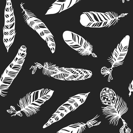 Feather background bird abstract pattern and decoration beautiful feather background. Vintage natural black white soft ornament. Seamless pattern with decorative feather background vector illustrationのイラスト素材