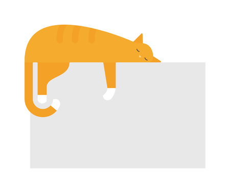Cute cat sleeping on platform house feline domestic young adorable kitten cartoon vector illustration. Relax cat sleeping and small red cat sleeping. Orange funny cat sleeping domestic pet.のイラスト素材