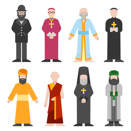 Vector set of different religion people confession man. People of different religion in traditional clothing in trendy flat style. Religion people islam and catholic religion people character icons.のイラスト素材