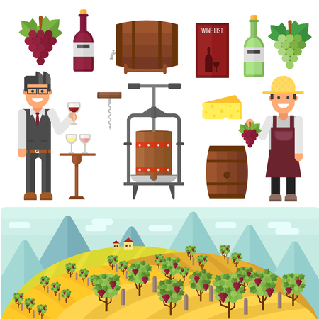 Vinery farm and vinery grape agriculture making vector. Vinery agriculture working beverage, traditional vinery farm production with grape press and red wine bottle. Vinery production, vine making.のイラスト素材