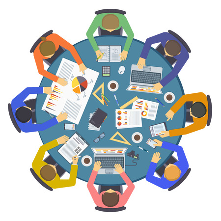 Brainstorming creative team idea discussion people flat infographic concept vector. Teamwork brainstorm staff around table and laptop chief art director brainstorm team designer programmer.のイラスト素材