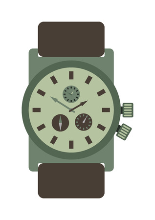 Military style watch with brown leather strap time design wristwatch instrument vector accessory. Military watch accessory and modern military personal quartz watch. Military watch leather strap.のイラスト素材