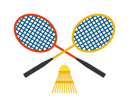 Two badminton racket and shuttlecock sport game leisure competition feather fitness vector. Action badminton sport and game leisure fun equipment badminton. Professional racket badminton.のイラスト素材