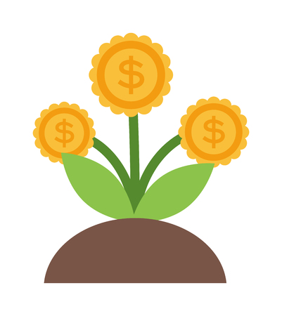 Vector flat icons design money flower dollar sign investment concept. Money flower currency business and money flower economic ideas decoration. Nature savings money flower success tree.のイラスト素材