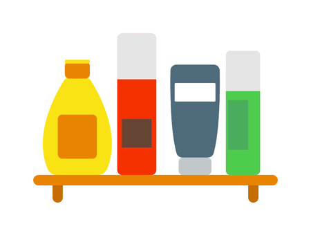 Set of color cosmetic bottle shampoos hygiene clean container lotion bath hair cream vector. Soap bath bottle shampoos and gel shower bottle shampoos. Hair care shampoo liquid bottle.のイラスト素材