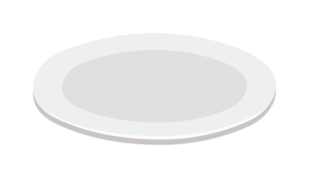 Empty plate isolated on white, round dinner dishware vector. Empty plate circle dishware and clean empty plate. Round empty white plate flat vector illustration. Kitchen shiny ceramics plate.のイラスト素材