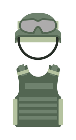 Military clothing uniform isolated on a white background army green helmet and body armor vector. Military clothing helmet and body armor. Military clothing army glasses and safety helmet.のイラスト素材