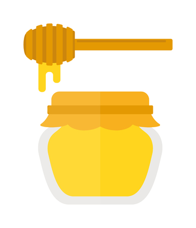 Glass jar of honey with wooden drizzler isolated on white background sweet food vector. Yellow honey jar and glass honey jar. Natural delicious healthy honey jar. Healthy nutrition golden honey.のイラスト素材