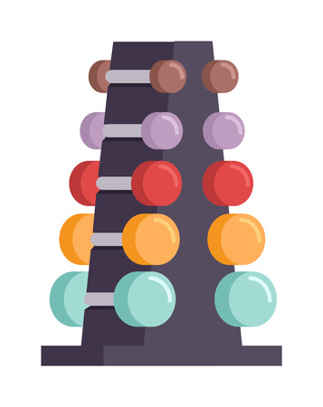 Dumbbells stack lined up. Rack with metal dumbbells stack vector. Stand with chrome dumbbells stack in a gym center as indoor workout activity. Dumbbells stack heavy equipment gym health workout.のイラスト素材
