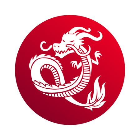White dragon silhouette on red background. Dragon silhouette vector monster and fantasy animal dragon silhouette. Dragon silhouette mythology decoration sign asian chinese magic graphic.のイラスト素材