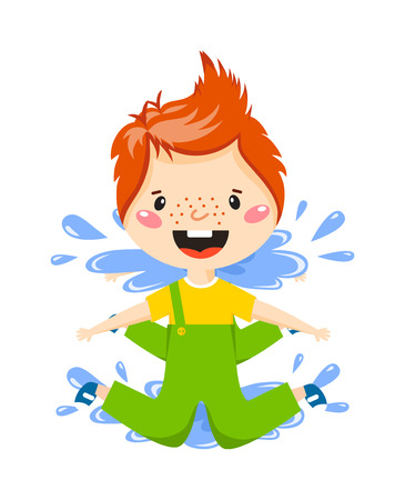 Playful boy jumping in puddle on rainy autumn day vector illustration. Boy in puddle fun water rain child and boy in puddle little weather childhood. Spring splash play boy in puddle rainy happy jump.のイラスト素材