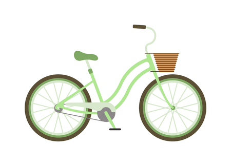 Stylish womens green bicycle isolated on white background wheel pedal transportation vector. Cute green bicycle isolated and girl green bike. Romantic sport green bike retro transport cute design.のイラスト素材