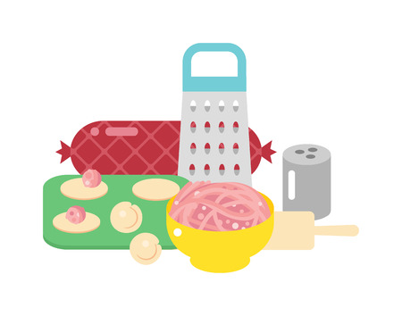Making meat dumplings. Traditional russian food. Dumplings with meat. Dumplings with meat, pelmeni. Paste  stuffed with minced meat family dinner. Russian cuisine pelmeni, meat dumplings.のイラスト素材