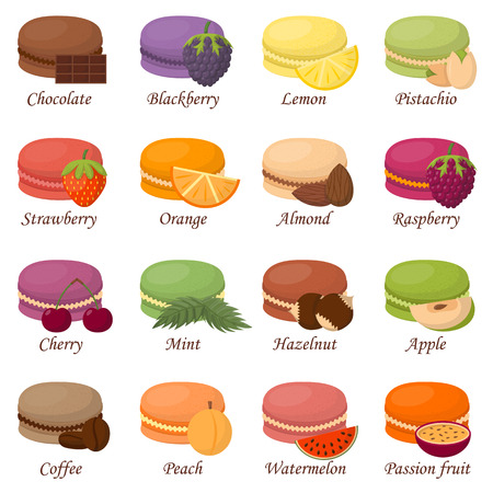 Sweet and colourful french macaroons or macaron on white background. Dessert fruit macaroons and different colors macaroons. Pasty traditional sweet macaroons biscuit dessert france delicious.のイラスト素材