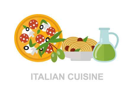 Some ingredients of Italian cuisine. Italian cuisine. Italian food italian pizza, delicious pasta, olive oil italian food. Healthy mediterranean sauce, spaghetti Italian food nutrition vegetarian.のイラスト素材