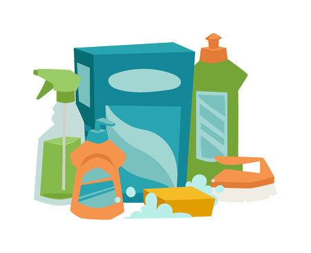 House cleaning hygiene and cleaning products flat vector icons set. Vector cleaning products symbols. House cleaning illustration. Cleaning icons isolated on white backgroundのイラスト素材