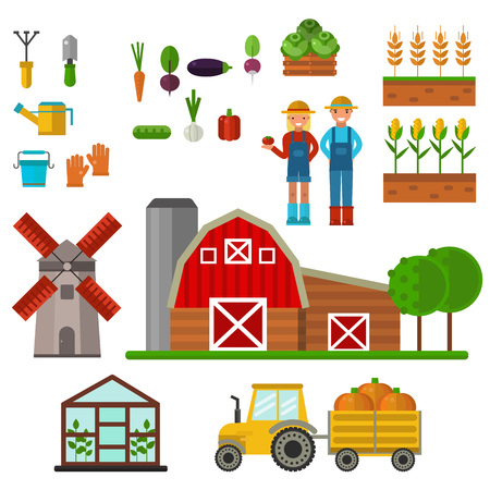 Farm symbols food nature production symbols, organic product, machinery and tools farm vector illustration. Farm agriculture symbols and nature organic farm symbols harvest collection.のイラスト素材