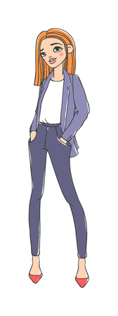 Portrait beautiful girl light summer jeans. Fashion girl isolated and fashion girl isolated vector. Fashion girl isolated beauty, model smile face dress casual trendy posing fashion girl.のイラスト素材