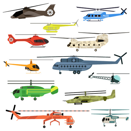 Fly helicopters collection vector. Helicopters fly air transportation and sky rotor helicopters. Helicopters travel aviation propeller, copter vehicle helicopters engine emergency speed aerial.のイラスト素材