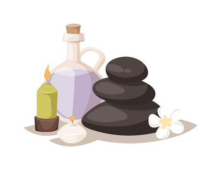 zen basalt stones and aroma oil with candle. Aroma spa stones vector and wellness aroma spa stones. Aroma spa stones relax massage and medicine aromatherapy natural aroma spa stones.のイラスト素材