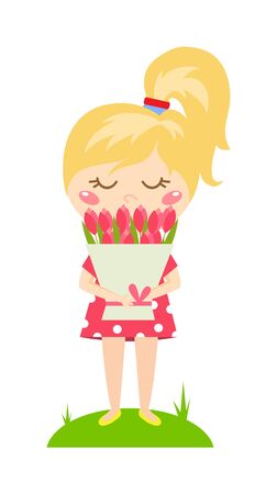 Little cute girl with peony flowers. Child wearing a pink dress playing summer garden girl with bouquet.Girl with bouquet. Children girl with bouquet outdoors. Toddler girl with flower bouquet.のイラスト素材