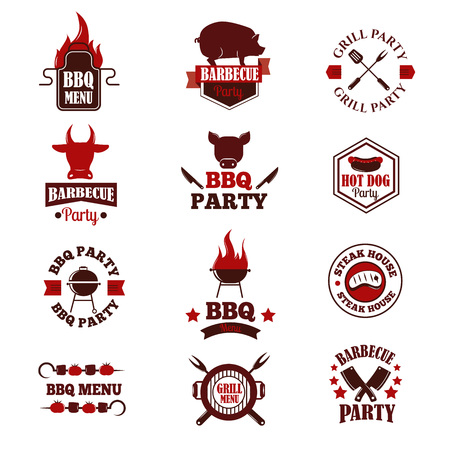 Barbecue logo and grill labels, badges, logos and emblems. Set of BBQ logo vector templates isolated on white background. Steak house restaurant menu BBQ logo design elements. BBQ logo design.のイラスト素材
