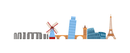 Europe travel skyline. Europe travel and tourism background. Vector flat illustration europe travel and Europe travel tourism, architecture. Europe travel world landmark monument, tower city travel.のイラスト素材