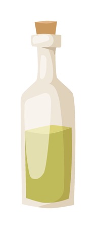 Small bottle of olive oil with cork stopper isolated. Vector oil bottle and olive oil bottle food ingredient healthy cooking. Diet fat yellow glass organic oil bottle and light virgin vegetarian oil.のイラスト素材
