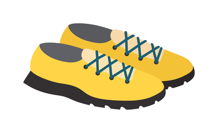 Yellows sneakers isolated and fashion footwear yellow sneakers. Vector yellow sneakers and pair sport yellow sneakers. Fashion yellow footwear fitness clothing running shoelace athletic accessories.のイラスト素材