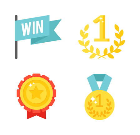 Trophy sports awards and sport awards in flat design style. Sports awards vector and gold winner cup sports awards. Sports awards trophy victory prize cup achievement and champion win competition.のイラスト素材