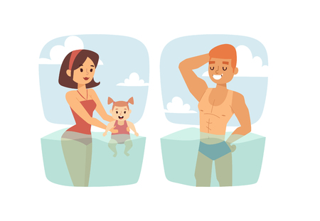 Portrait young friends jumping into water from jetty. Young people in water having fun at lake on summer day and people in water. Swimming people freshness water travel, happy face childhood vacation.のイラスト素材