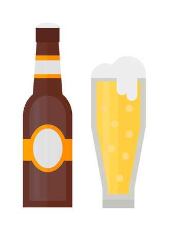 Beer glass bottle on white background and vector beer glass bottle. Beer glass bottle beverage liquid cold and pub lager beer glass bottle. Bottle fresh dark cold beer and glass full delicious beer.のイラスト素材
