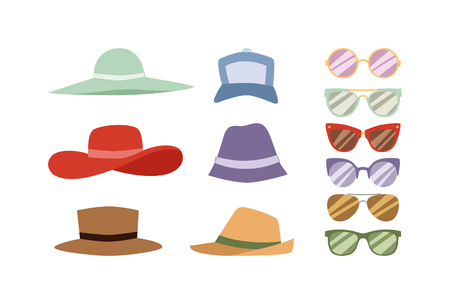 Beach accessories summer hats and sunglasses. Summer hats and sunglasses vector set. Summer hats and fashion beach travel sunglasses. Beautiful tropical lifestyle people beach accessories.のイラスト素材
