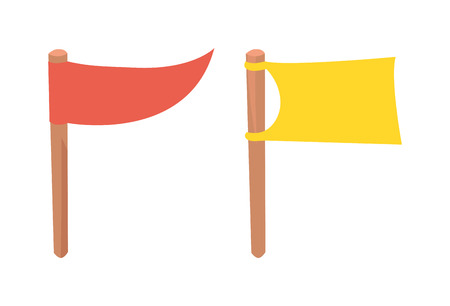 Blank white flag isolated and flag isolated illustration on white background. Scout flag isolated and camping red flag isolated vector symbols. Red plain flagpole, yellow wavy motion flag design.のイラスト素材