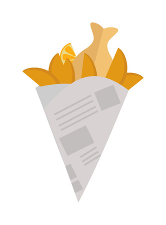 Fried potatoes fries in paper wrapper on white background. Vector illustration fried potatoes unhealthy food cooked junk. Fast food fried yellow potatoes restaurant chip prepared salty gold fries.のイラスト素材