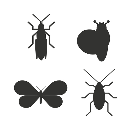 Insect icons black silhouette flat set isolated on white background. flat icons vector illustration. Nature flying insects isolated icons. Ladybird, butterfl beetle vector ant.のイラスト素材