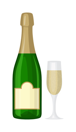 Champagne bottle and champagne glass vector illustration. Alcohol celebration wine isolated champagne bottle. Holiday gold glass new year party beverage champagne romantic drink bottle.のイラスト素材