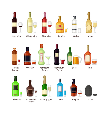 Alcohol drinks beverages and cocktail whiskey drink bottle lager refreshment container. Alcohol menu drunk concept. Set of different alcohol drink bottle and glasses vector illustration.のイラスト素材