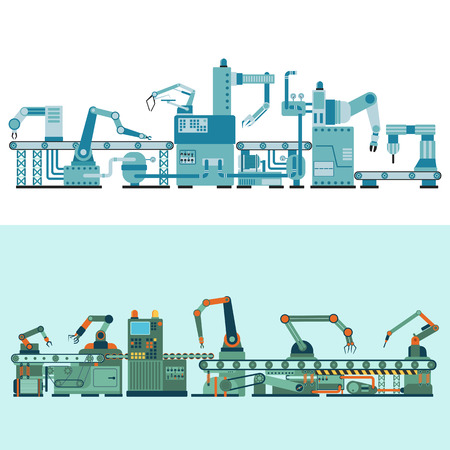 Container terminal production transporter industrial technology, plant factory equipment. Vector production transporter machine transport line manufacturing. Conveyor production transporter.のイラスト素材