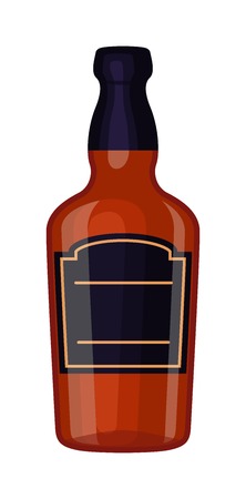 Full whiskey bottle shot drink. Vector whiskey bottle brown drink. Brown whiskey bottle beverage liquor bar cognac amber, drunk ireland flavor. Taste screw scottish cocktail.のイラスト素材