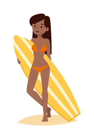Vector surfing girl standing. Surfing people surfer woman, water sports. Sunny beach water hobby surfing people summer vacation lifestyle. Tropical waves teenager leisure.のイラスト素材