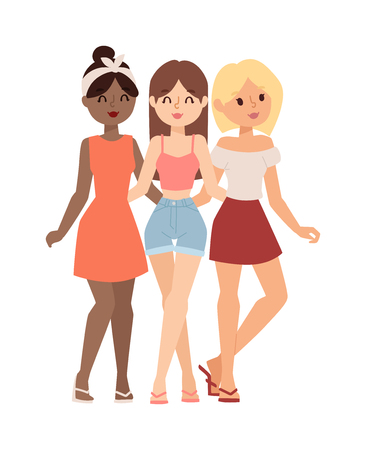 Happy young girlfriends and gossip girls vector illustration. Attractive fun adult gossip girl and rumor talk whisper girls gossip.のイラスト素材