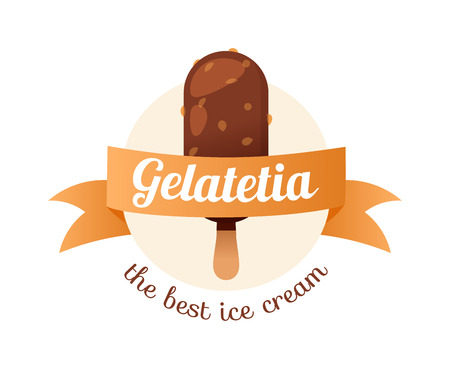 Icecream badge logo food sticky, chocolate cold retro dessert vector illustration. Icecream badge frozen sweets and cold summer icecream badges. Icecream badge modern shop style.のイラスト素材