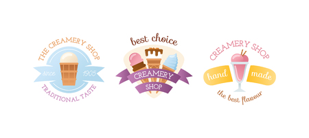 Icecream badge logo food sticky, chocolate cold retro dessert vector illustration. Icecream badge frozen sweets and cold summer icecream badges. Icecream badge modern shop style.のイラスト素材
