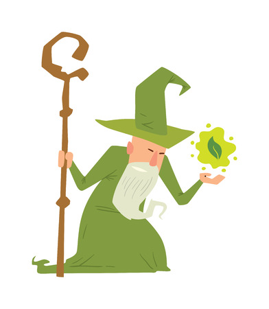 Magicians and wizards imagination, wich human performance magician and mystery wizards show. Magicians and wizards illusion show old man imagination, performance character vector.のイラスト素材