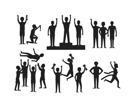 Trophy sports awards and winner team people. Winner athlete and young champion sports awards fitness trophy cup. Winning runner with winners, success competition sports awards character flat vector.のイラスト素材