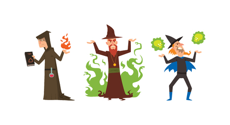 Magicians and wizards imagination, wich human performance magician and mystery wizards show. Magicians and wizards illusion show old man imagination, performance character vector.のイラスト素材