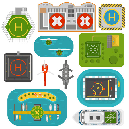 Helicopter landing pad vector set. Pilot transport skyline industry