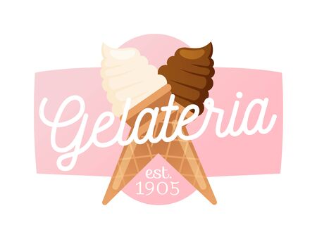 Icecream badge logo food sticky, chocolate cold retro dessert vector illustration. Icecream badge frozen sweets and cold summer icecream badges. Icecream badge modern shop style.のイラスト素材